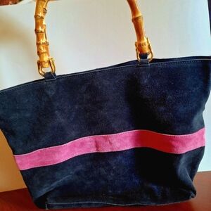 Rita Wilcox Elegant Suede Black and Pink Tote Bag with Bamboo Handles Purse